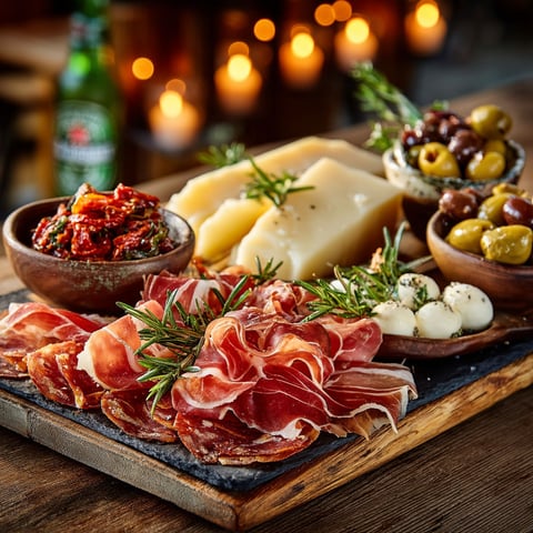A wooden platter with a variety of food items.