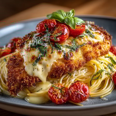A plate of food with chicken and tomatoes.