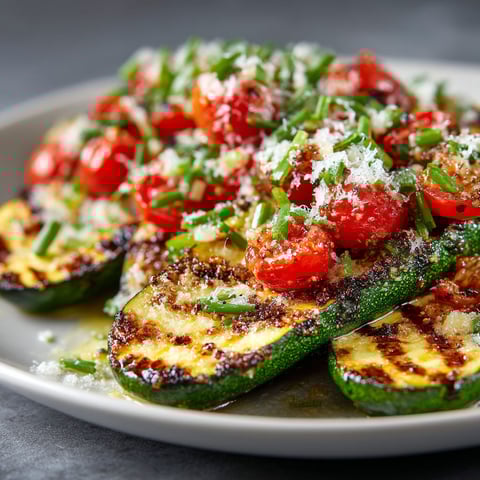 A plate of grilled courgettes, tomatoes and Parmesan cheese.