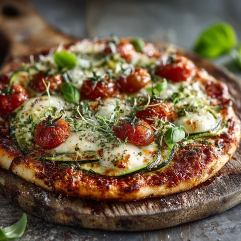 A pizza with tomatoes and zucchini.