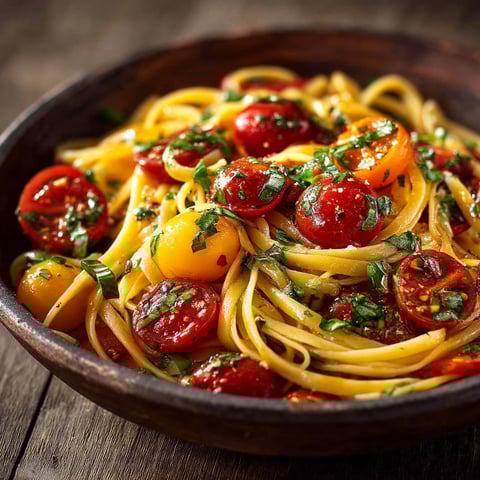 A bowl of pasta with tomatoes and basil.