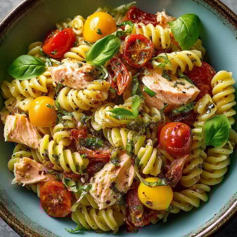 A bowl of pasta with chicken, tomatoes, and basil.