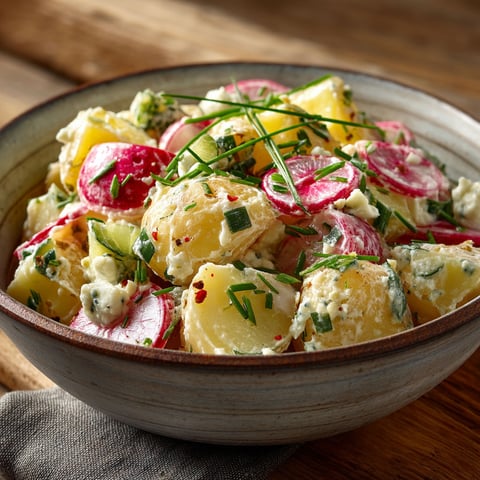 A bowl of salad with potatoes, radishes, and cucumbers.