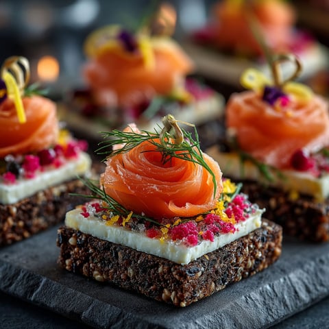 Toasts with black bread, cream cheese and smoked salmon.