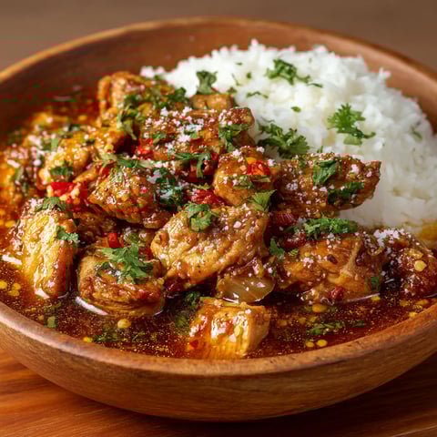 A bowl of chicken and rice.