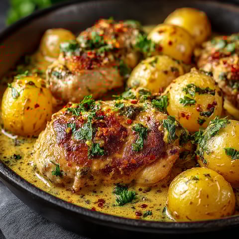 A dish of chicken and potatoes.