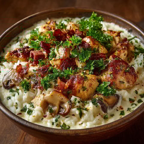 A bowl of rice with chicken and mushrooms.
