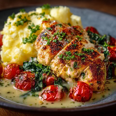 A plate of food with chicken, tomatoes, and potatoes.