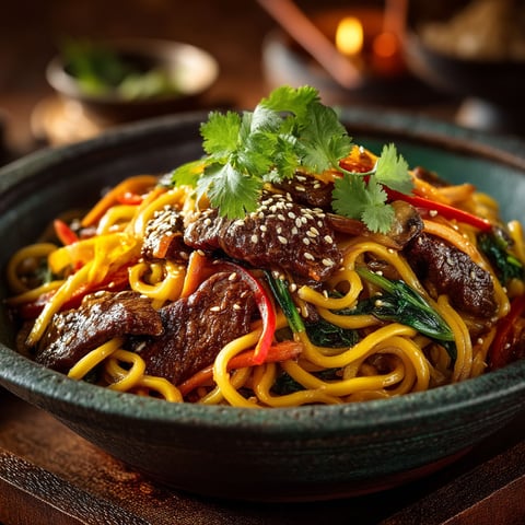 A bowl of noodles with beef and mushrooms.