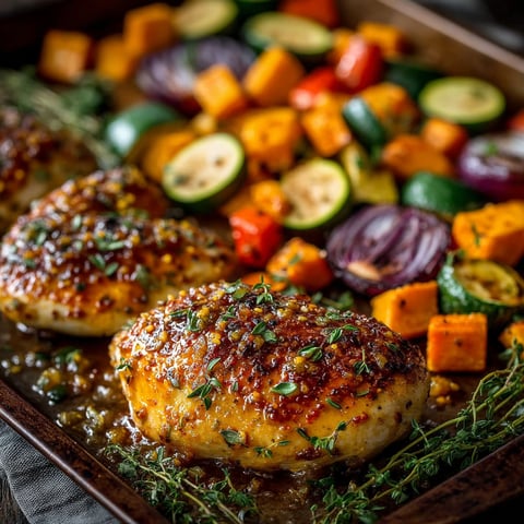 A pan of chicken with a sauce of honey, mustard and vegetables.