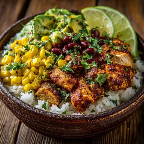 A bowl of Mexican food with rice, beans, corn, and meat.