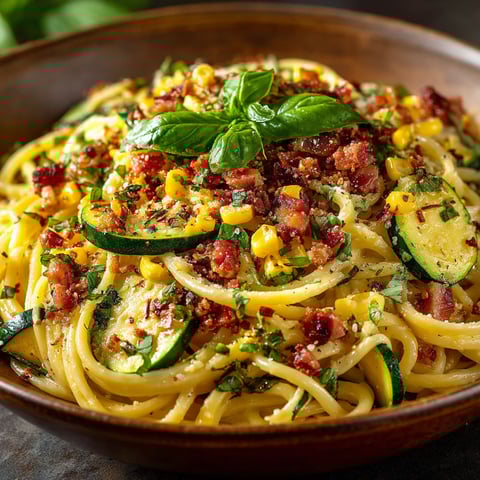 A bowl of pasta with corn, zucchini, and bacon.