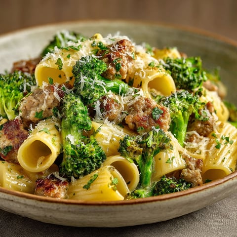 A bowl of rigatoni pasta with meat and broccoli.