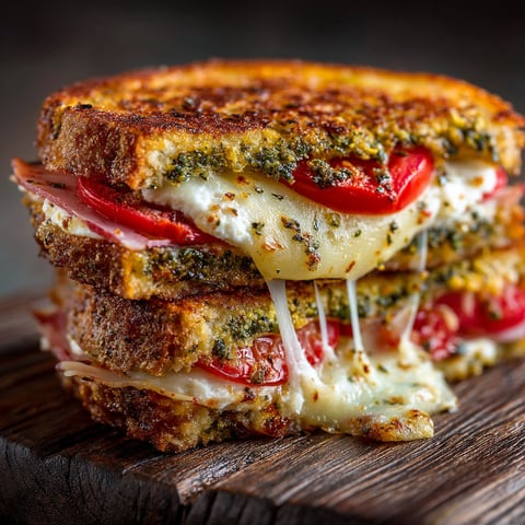A grilled cheese sandwich with tomatoes and pesto.