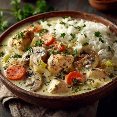 A bowl of chicken soup with rice and vegetables.