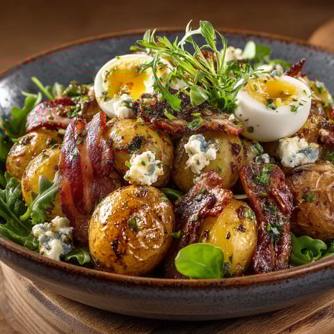 A bowl of salad with eggs, potatoes, and bacon.