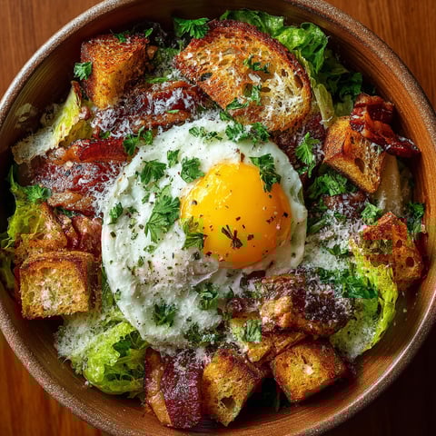 A salad with a fried egg on top.