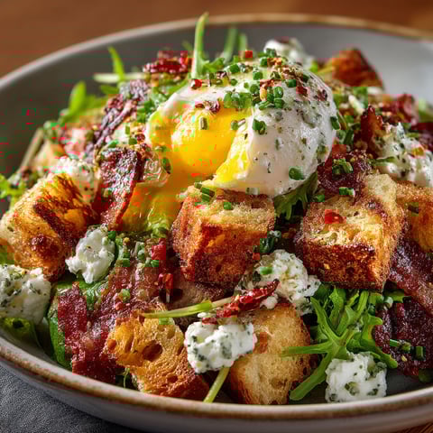 A plate of salad with a fried egg on top.