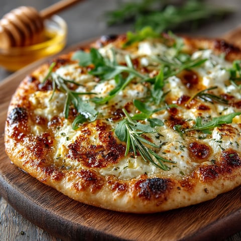 A pizza with cheese and honey on top.