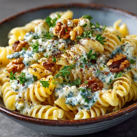A bowl of pasta with cheese and walnuts.