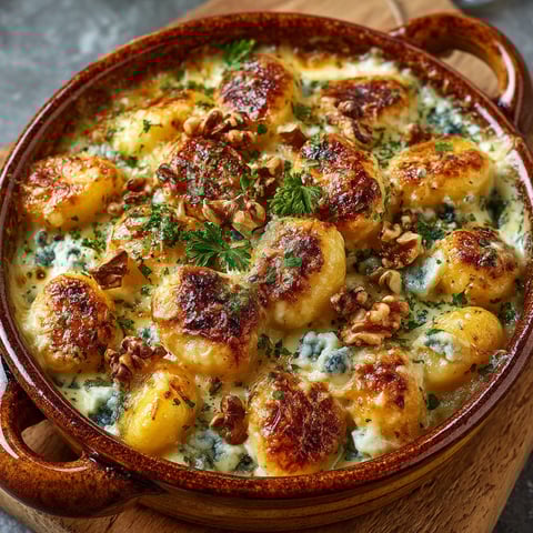 A bowl of gnocchi gratinés au gorgonzola.
