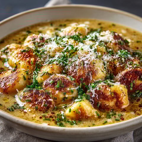 A bowl of gnocchi with cheese and herbs.