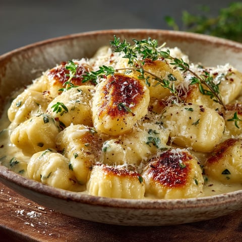 A bowl of gnocchi with cheese and thyme.