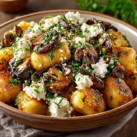 A bowl of gnocchi with feta cheese and mushrooms.