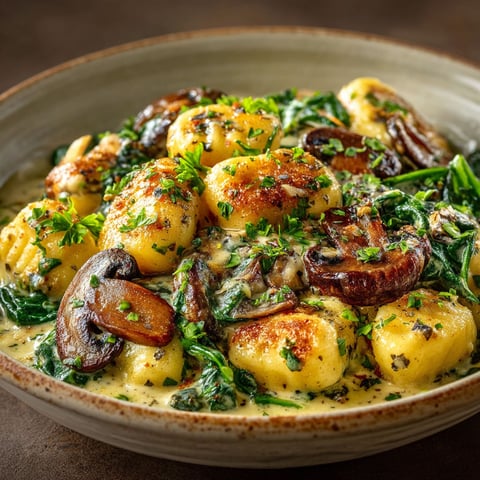 A bowl of gnocchi with mushrooms and greens.