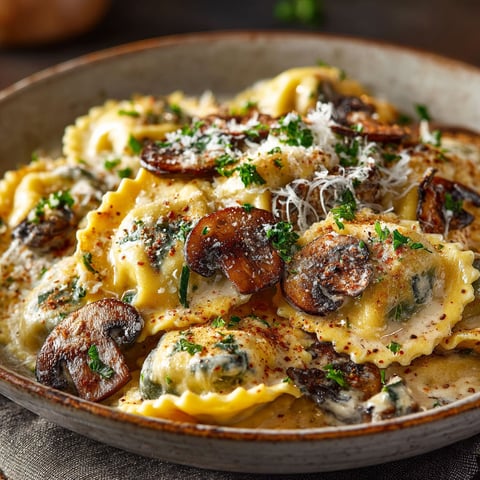 A bowl of pasta with mushrooms and cheese.
