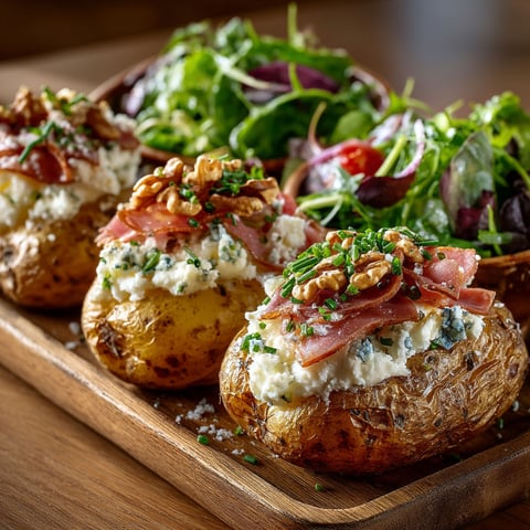 A plate of food with potatoes, salad, and bacon.