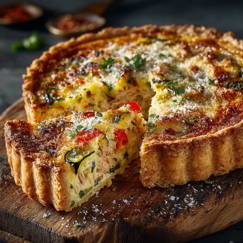 A slice of quiche au thon & ratatouille.