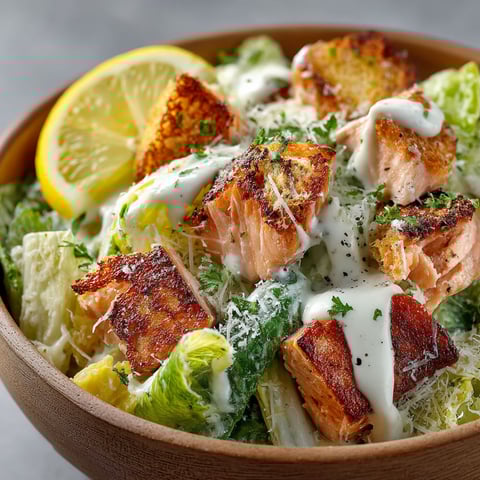 A bowl of salad with salmon and lemon.