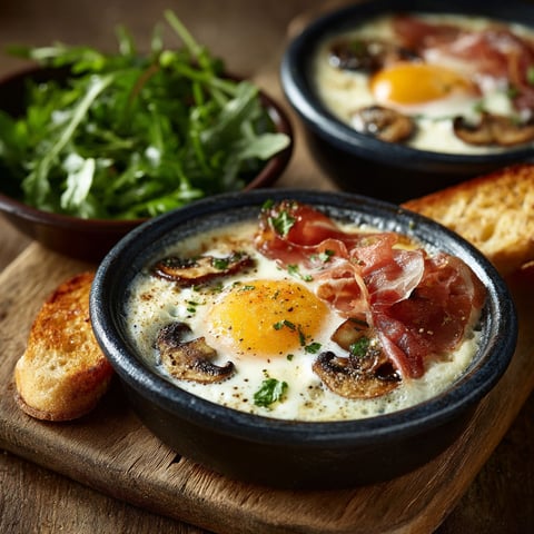 A bowl of eggs with bacon and mushrooms.