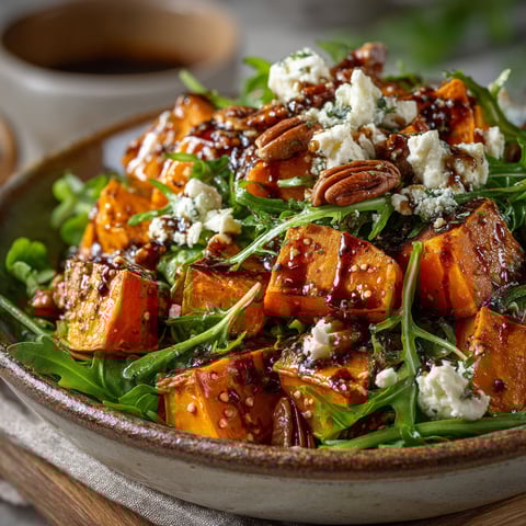 A bowl of salad with roasted sweet potatoes.