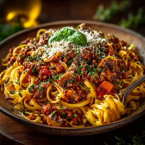 A bowl of pasta with sauce and cheese.