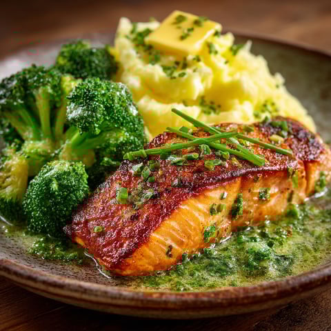 A plate of food with salmon, mashed potatoes, and broccoli.