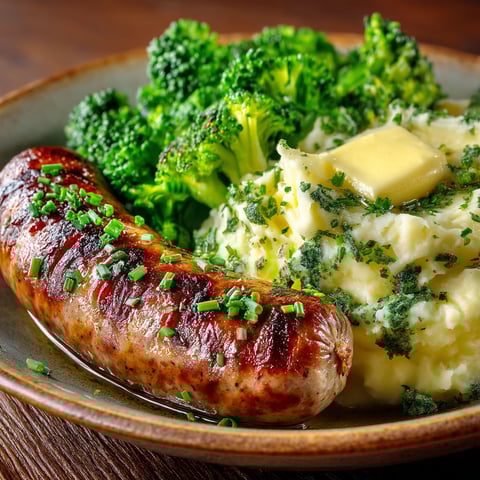 A plate of food with sausage, potatoes, and broccoli.