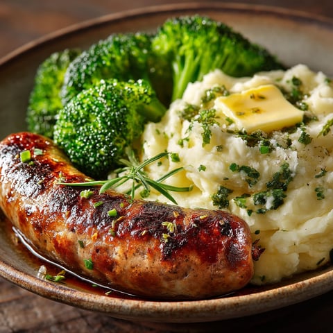 A plate of food with a sausage, potatoes, and broccoli.