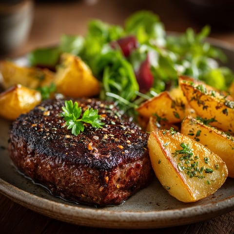 A plate of food with a steak haché, potatoes, and salad.
