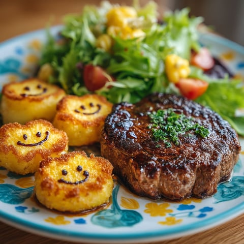 A plate of food with a steak haché, kids smile and salade.