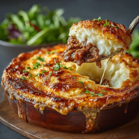 A slice of Hachis Parmentier is being served.