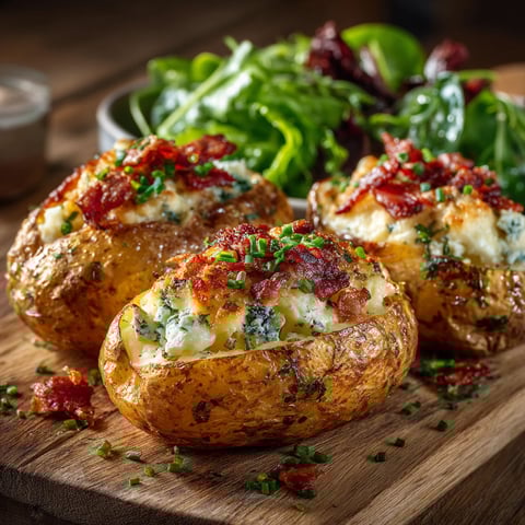 Three baked potatoes with cheese and bacon.
