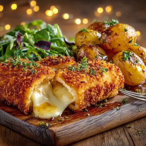 A plate of food with a piece of meat, potatoes and salad.