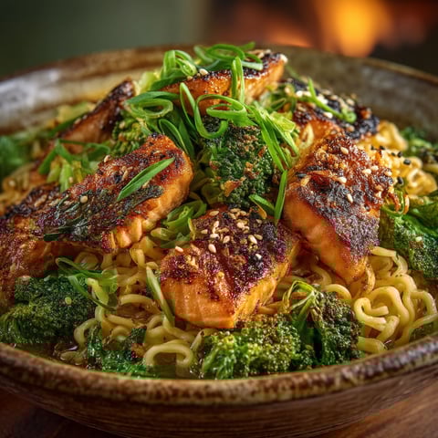 A bowl of noodles with salmon, broccoli and sesame.