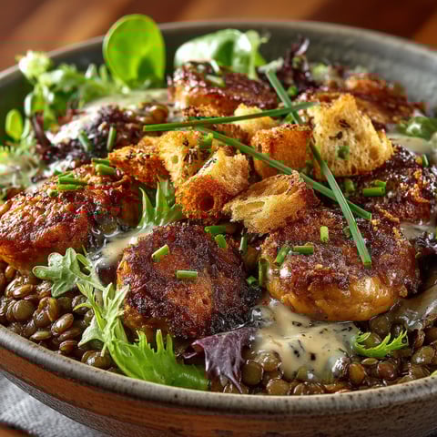 A bowl of food with bread and greens.