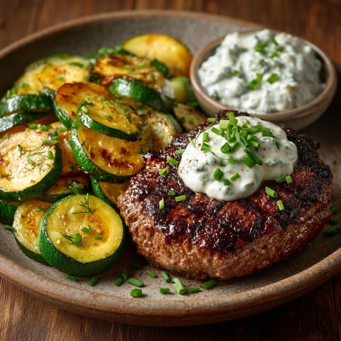 A plate of food with a steak haché, courgettes and sauce tartare.