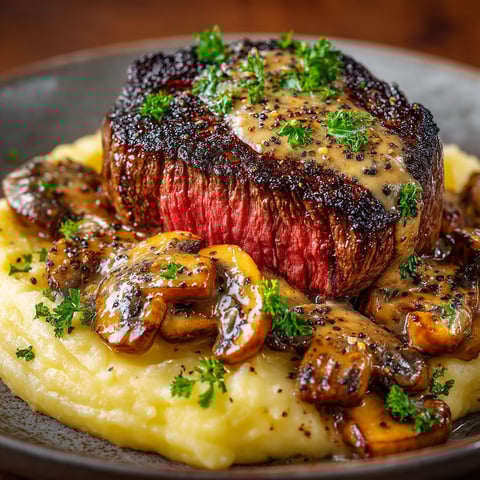 A plate of food with a steak, mushrooms, and potatoes.