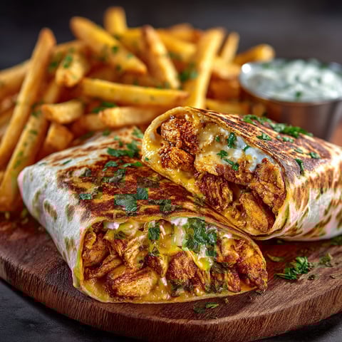 A wrap with chicken, cheese, and fries.