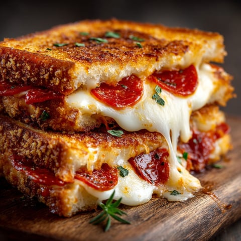 A grilled cheese sandwich with pepperoni on top.